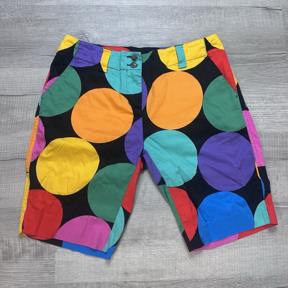 Loudmouth Shorts Womens 10 Black Red Orange Polka Dot Circles Bermuda Chino Golf